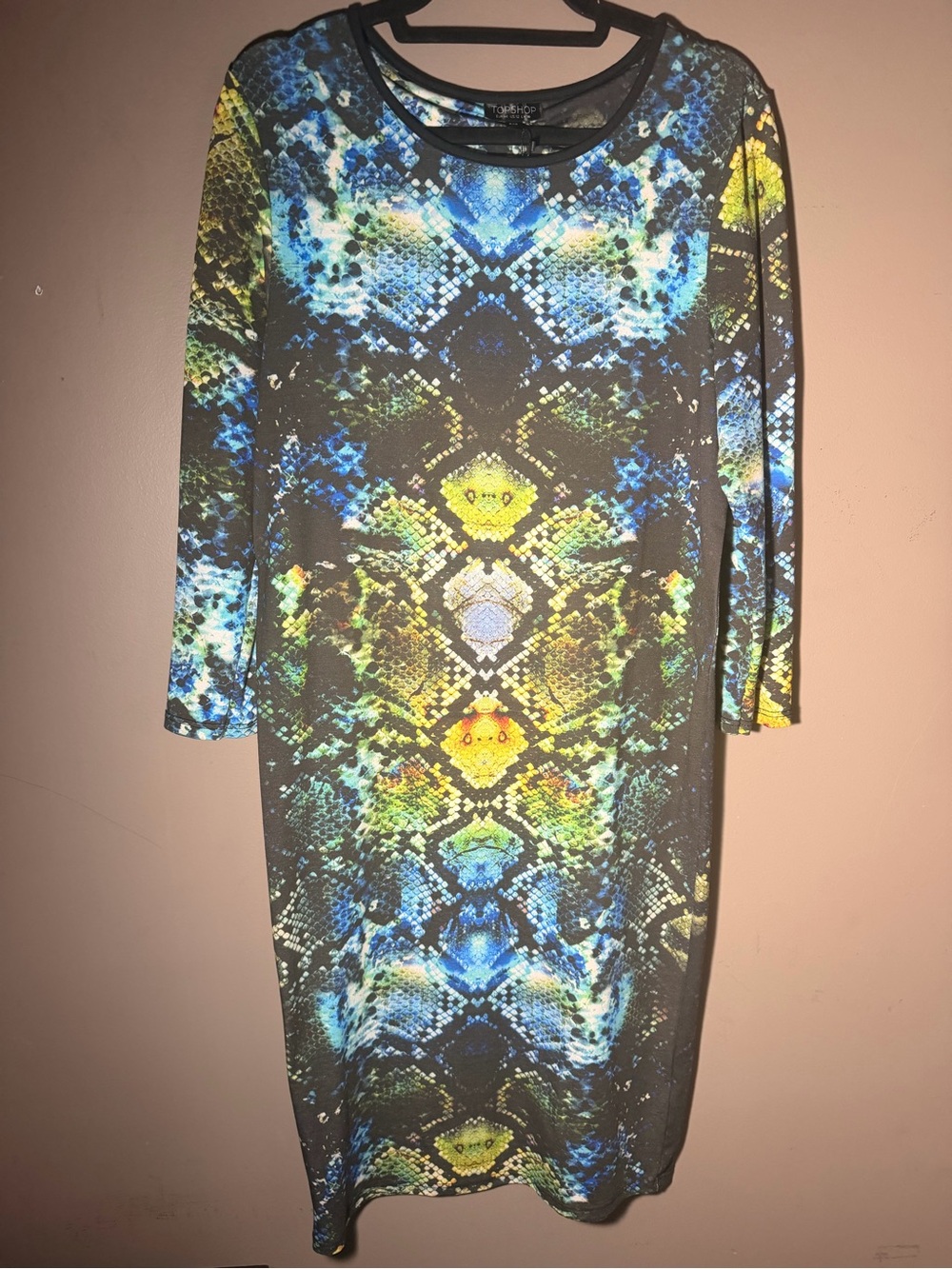 Topshop Blue Green Yellow Snake-Print Midi Dress